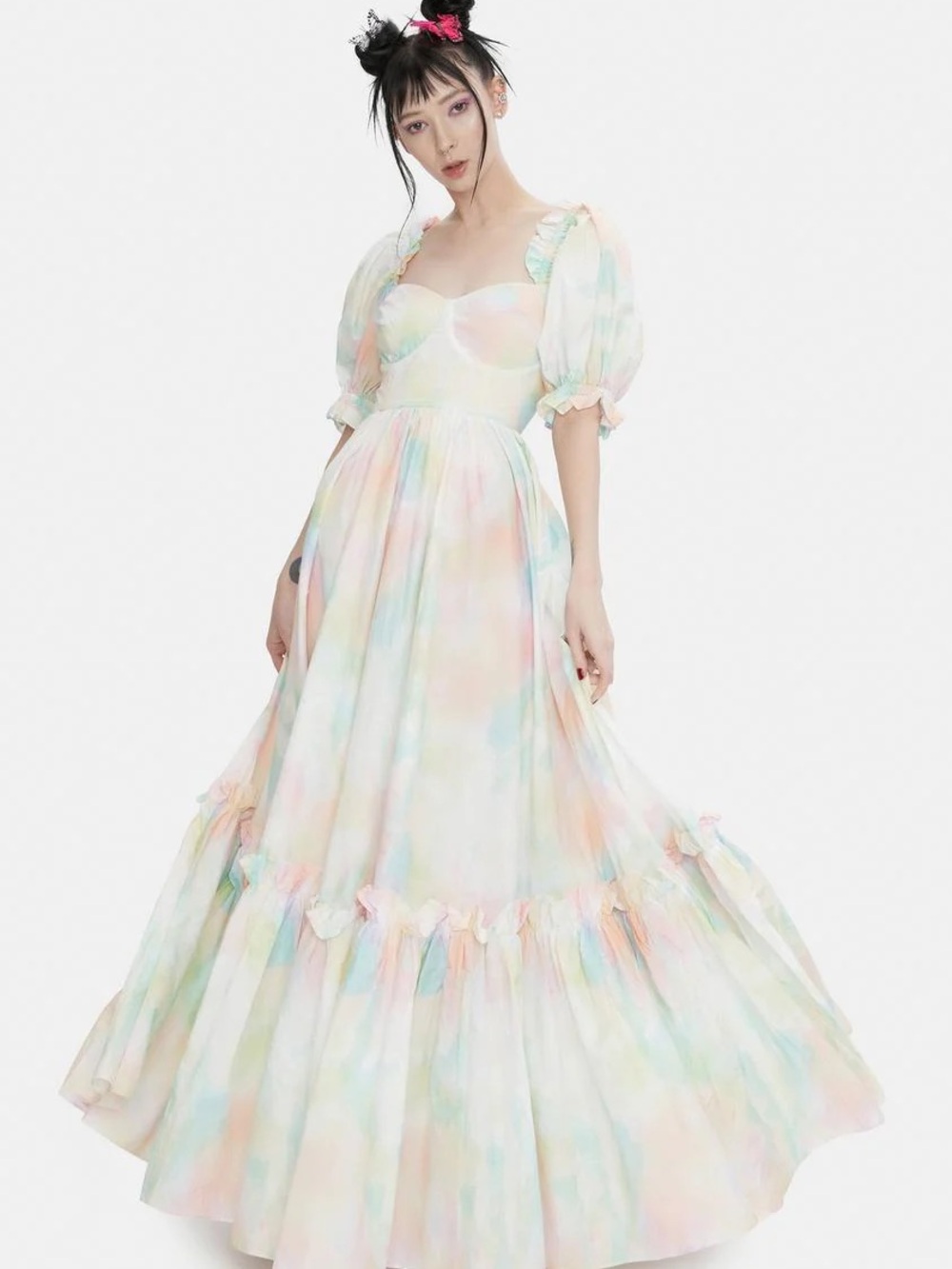 NWT Selkie Rainbow Pastel Tie-Dye Ruffle Cotton Chalk Ritz Gown M